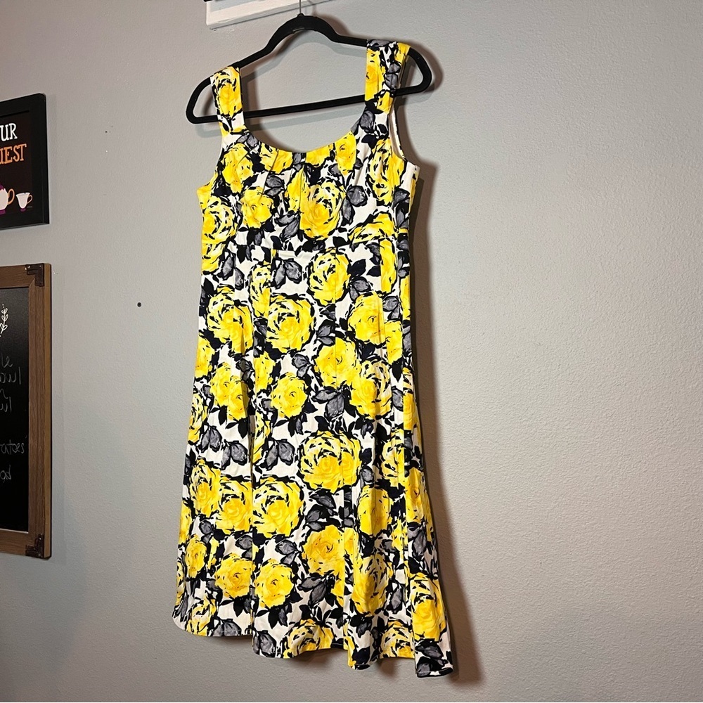 London Times Fit and Flare Sundress Black Yellow Floral Cotton Size 10